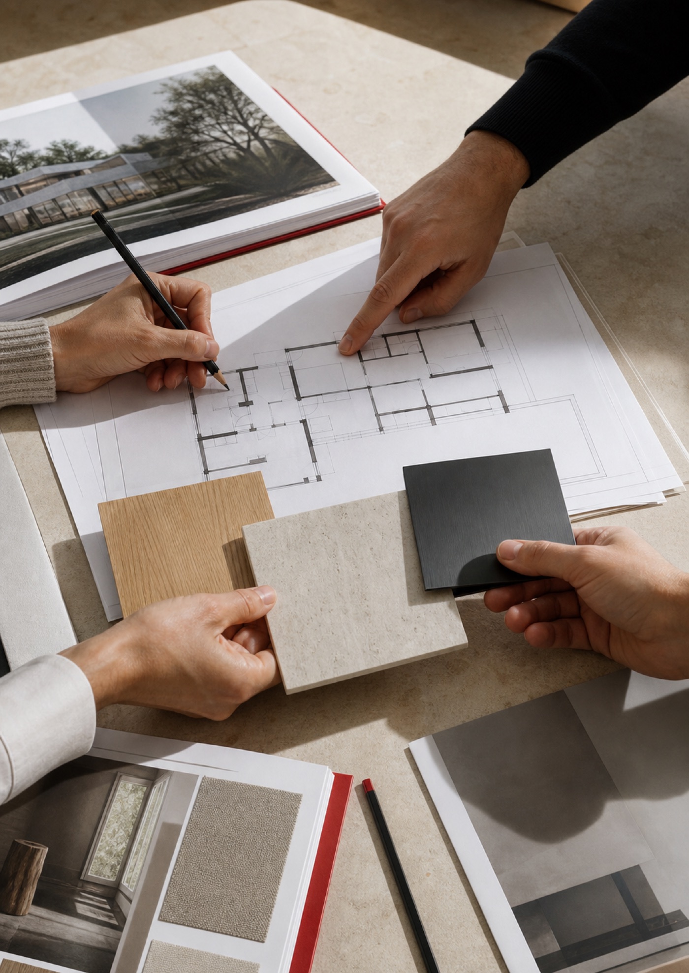 Team CasaRed in ufficio: professionisti del settore immobiliare a confronto su planimetrie e progetti
