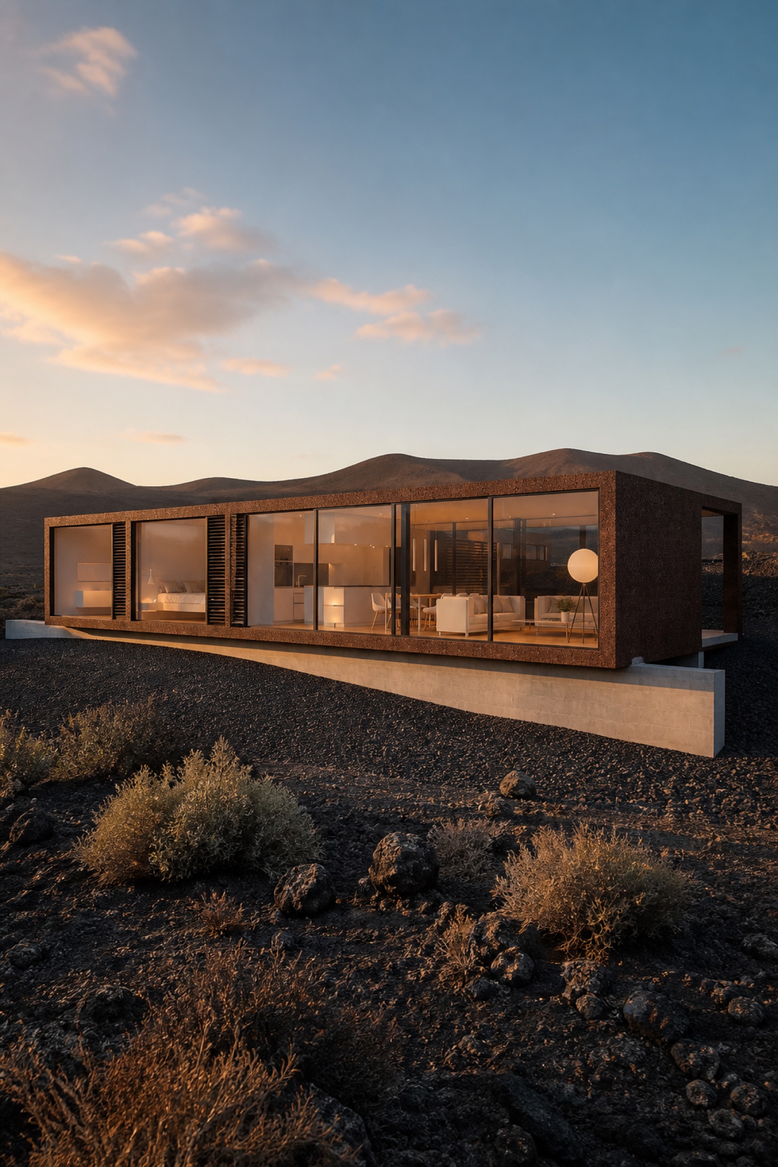 Edificio residenziale moderno di nuova costruzione al tramonto, con linee architettoniche pulite e vetrate ampie